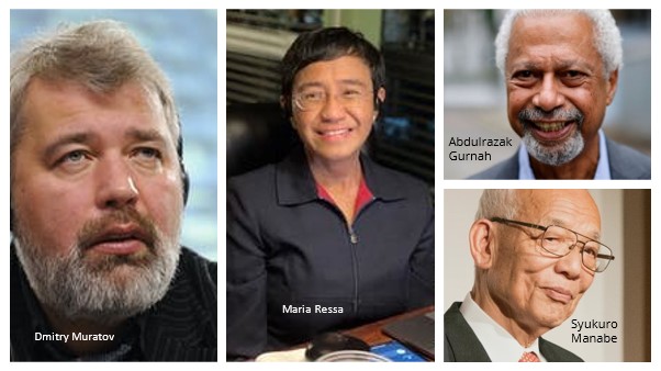 DmitryMuratov, Maria Ressa, Abdulrazak Gurnah and Syukuro Manabe 2021 Nobel prize winners.jpg